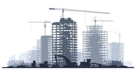 42812769 - line of silhouettes illustration of construction site with cranes and skyscraper with tractors, bulldozers, excavators and grader in blue tone.